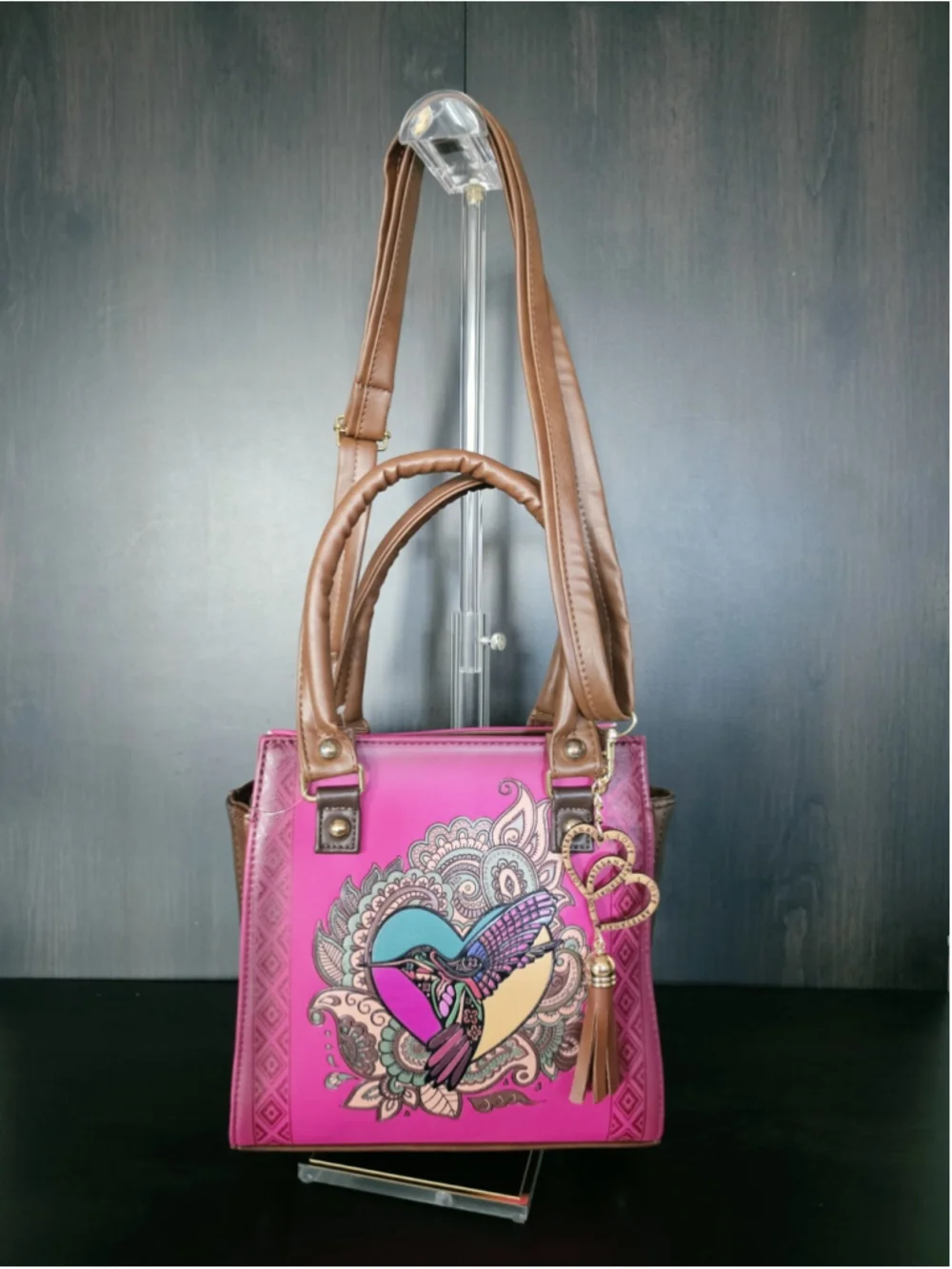 Mexican Hummingbird Embossed VEGAN Leather Handbag – Magenta Pink & Cognac Brown
